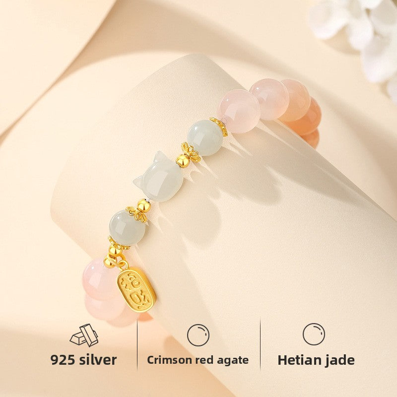Red Agate & Hetian Jade Cat Bracelet - 925 Sterling Silver Chinese Style Jewelry | Unique Valentine's Gift for Women