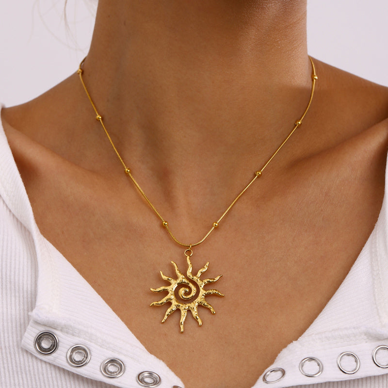 Hammered Spiral Sun Pendant Necklace - Titanium Steel Minimalist Chain