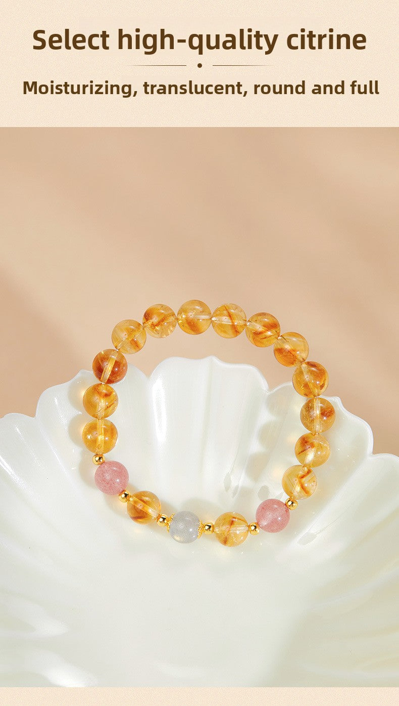 925 Sterling Silver Citrine & Strawberry Quartz Beaded Bracelet for Women | Boho Chic Gemstone Jewelry | Unique Gift for Her