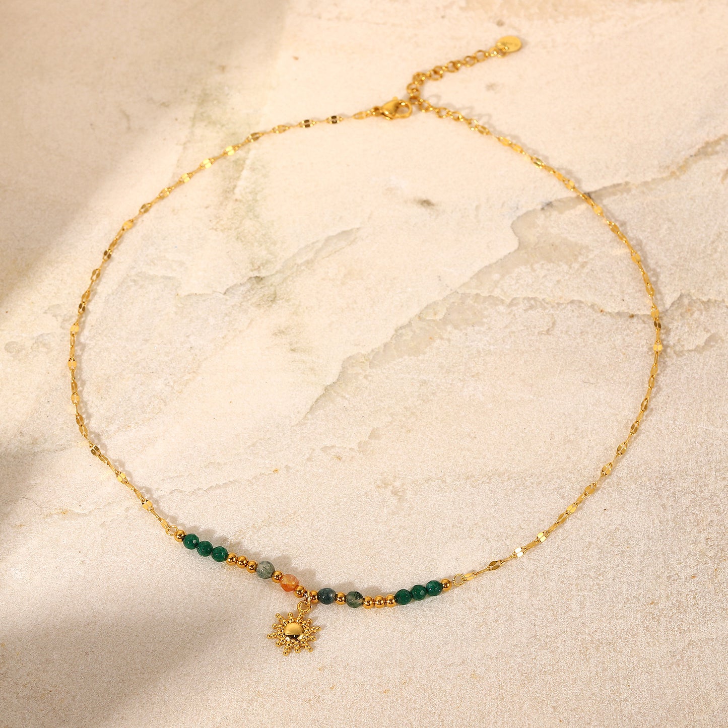 Boho Sun Pendant Stainless Steel Necklace with Natural Stone Vintage French Inspired Jewelry