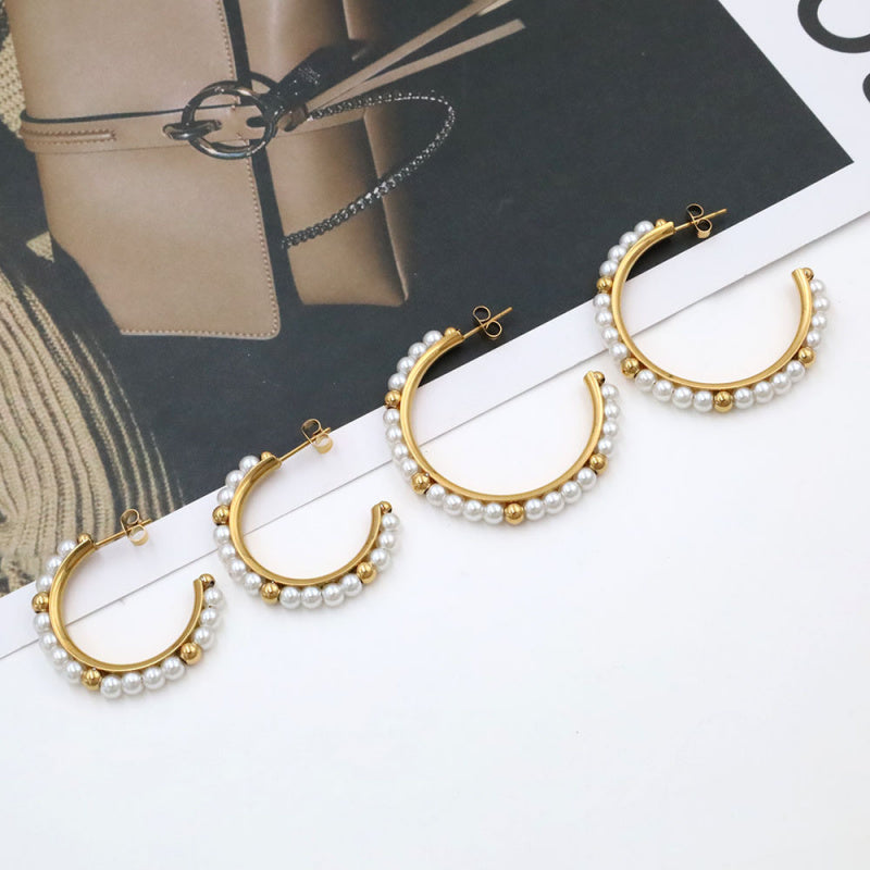 French Luxury Pearl Hoop Earrings - 18K Gold Plated Titanium Steel C-Shape Earrings
