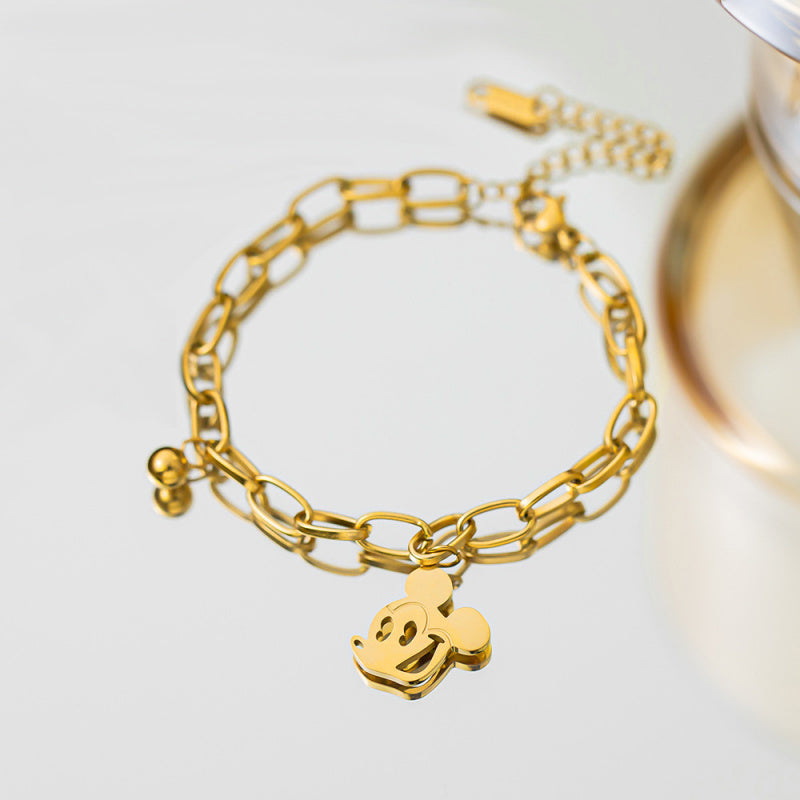 Disney-Inspired Mickey Mouse Pendant Bracelet - Gold Beaded Titanium Steel Chain, Dainty Adjustable Jewelry