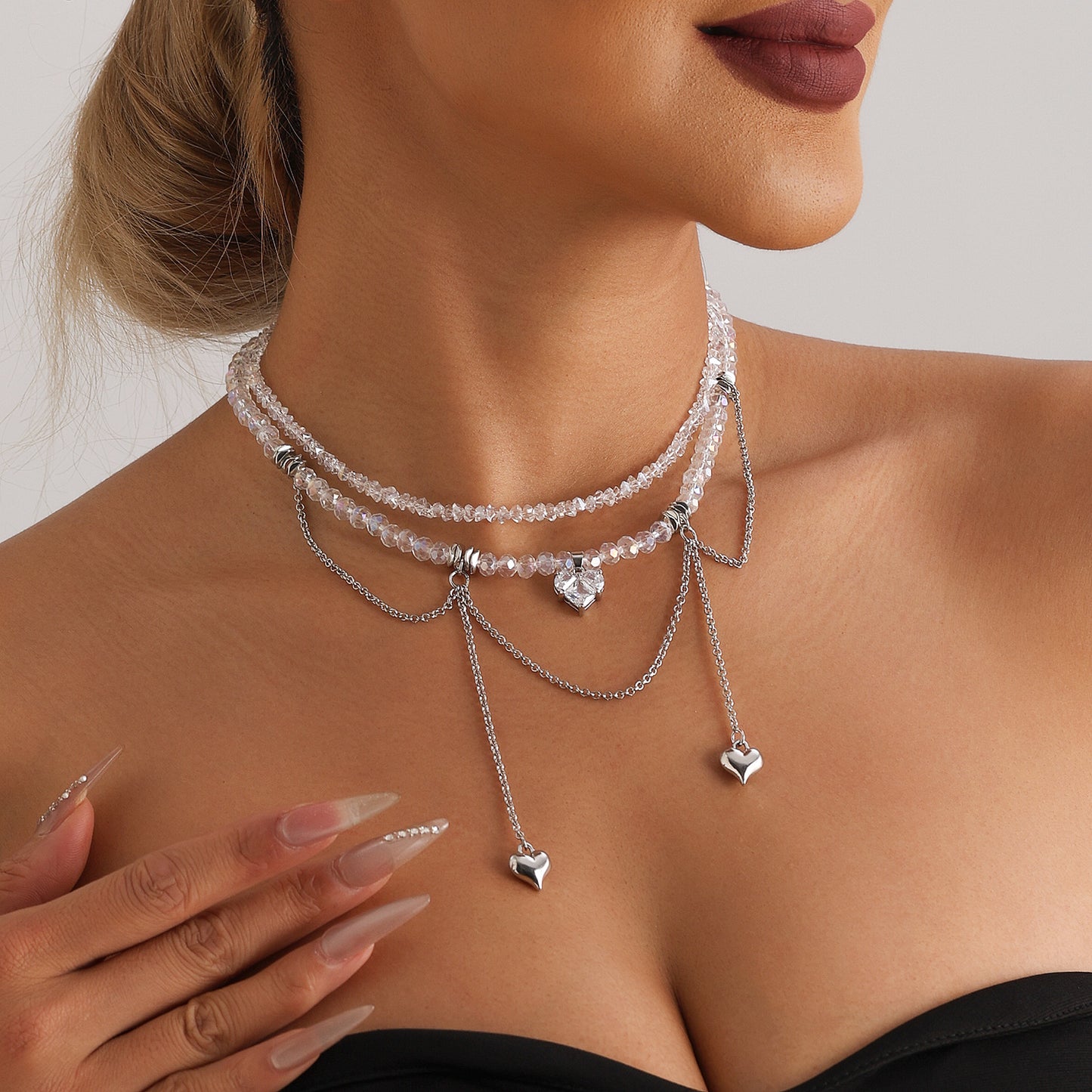 Double Chain Love Pendant Necklace - Cubic Zirconia Fringe Collarbone Choker | Ins Luxe Crystal Jewelry for Women