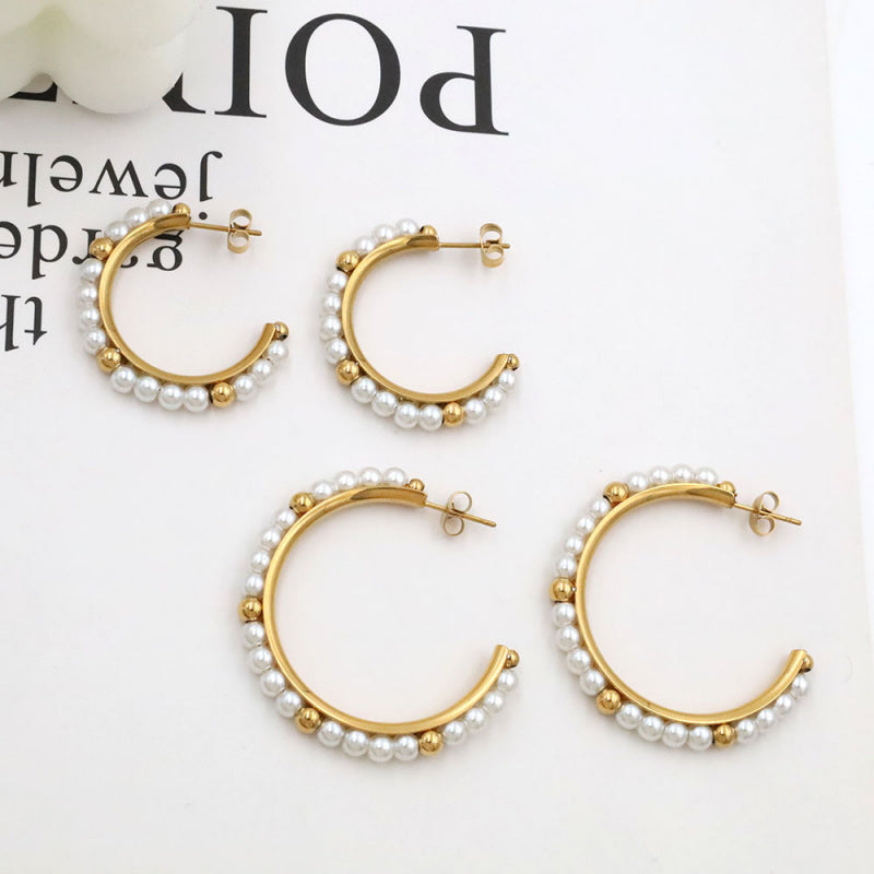 French Luxury Pearl Hoop Earrings - 18K Gold Plated Titanium Steel C-Shape Earrings