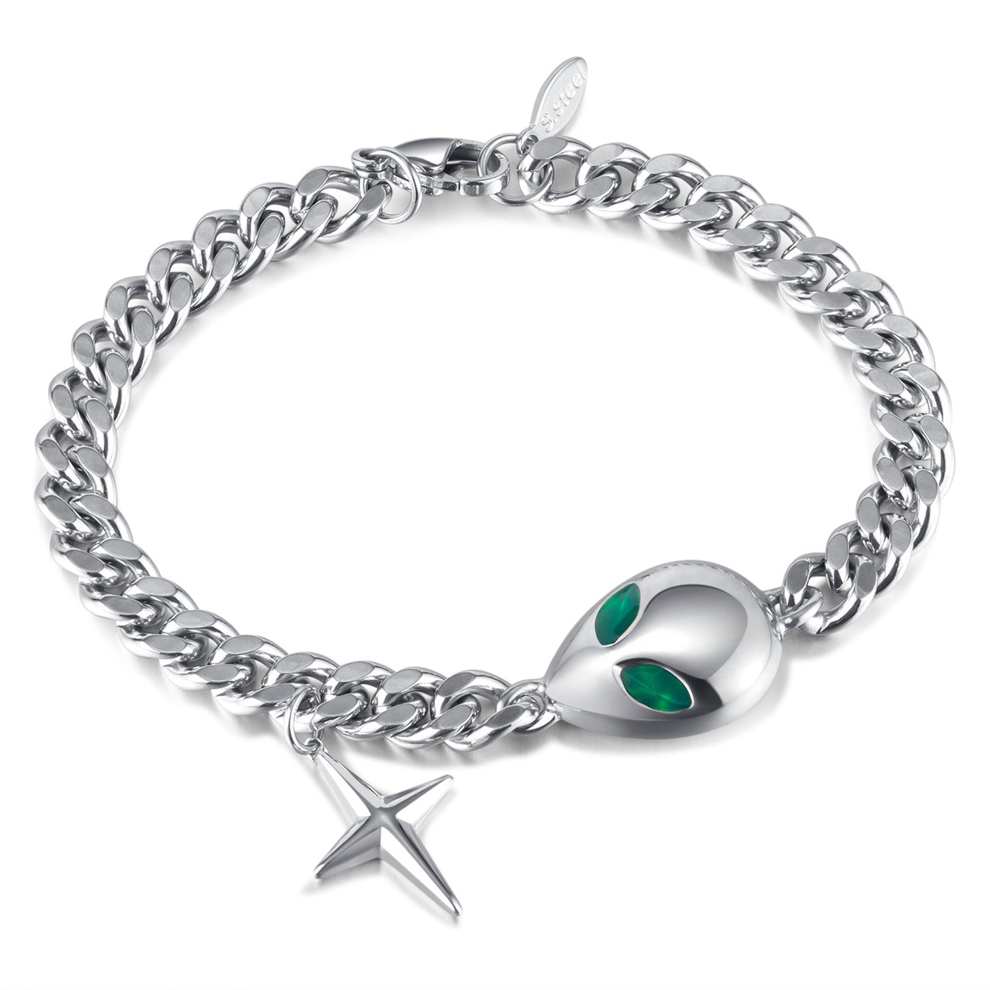 Hip Hop Cuban Chain Bracelet - Trendy Alien Pendant Stainless Steel Unisex Jewelry | Vintage Retro Adjustable Hand Chain