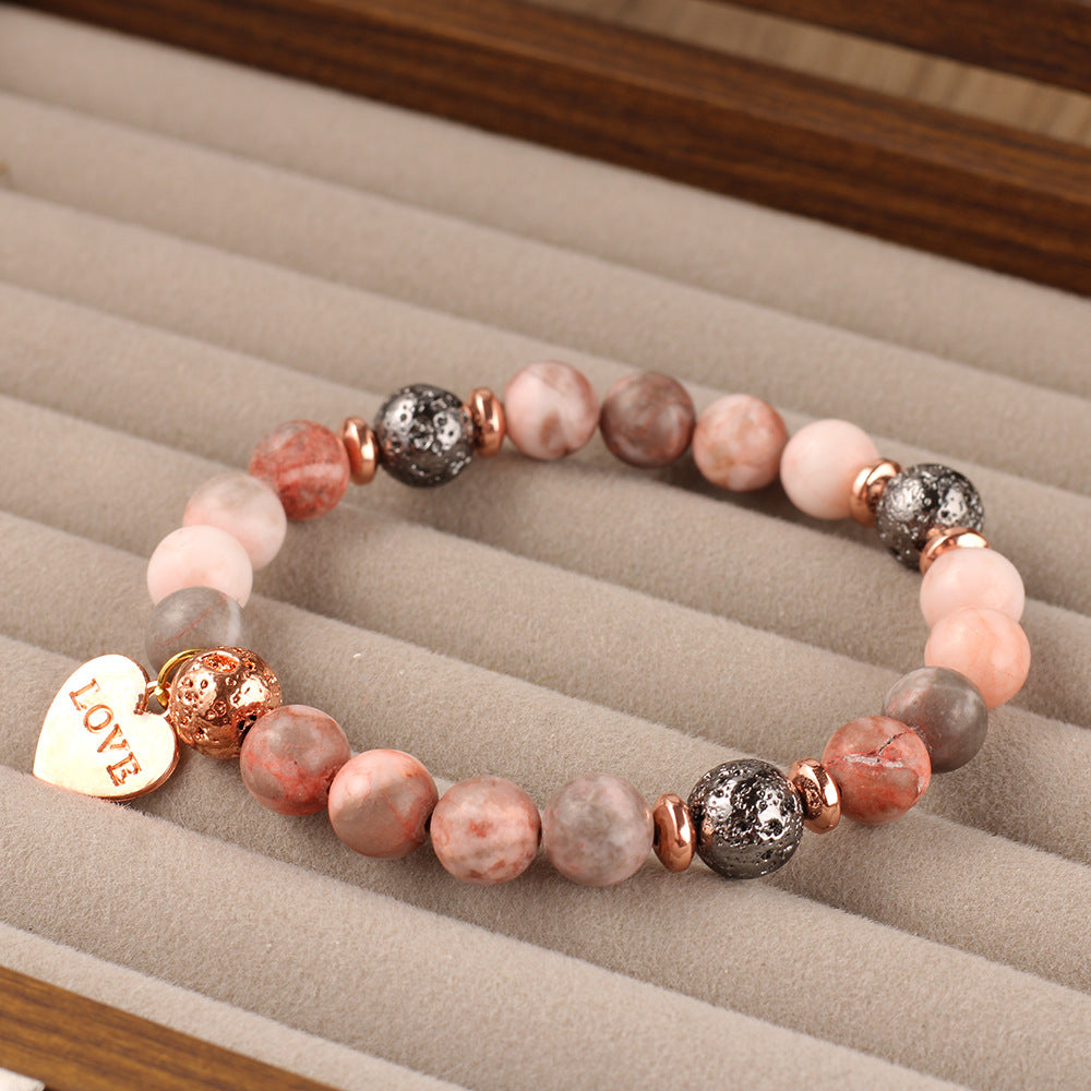Natural Stone Bracelet Pink Zebra Flame Stone Love Pendant Mother's Day Gift Bracelet Unisex Exclusive
