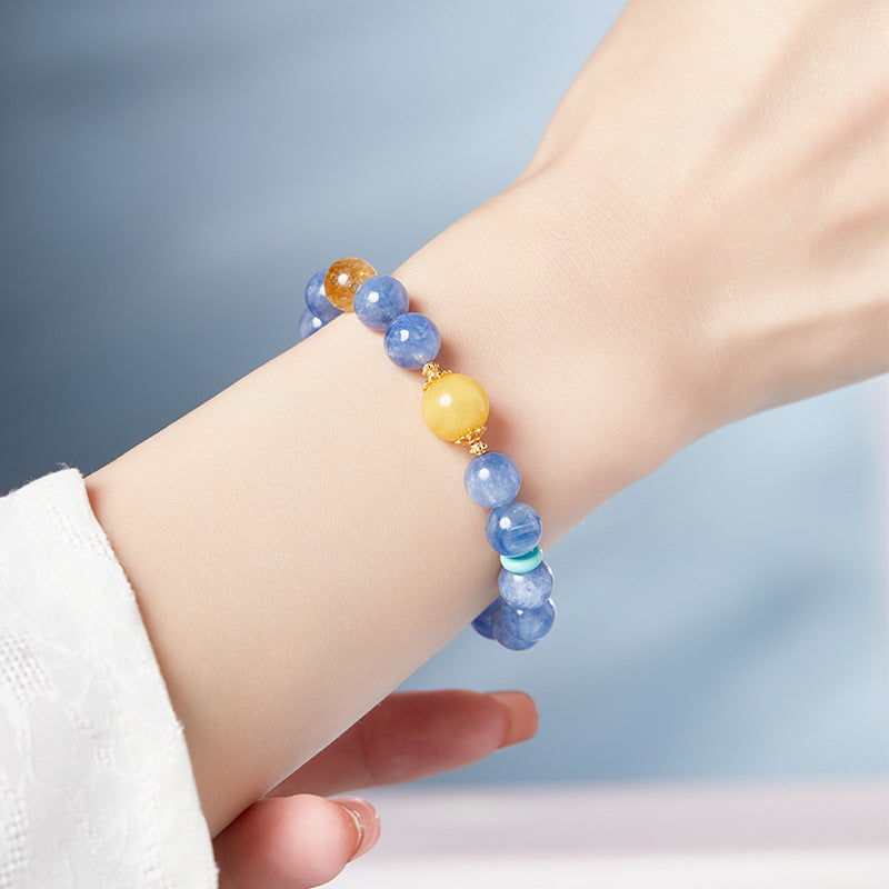 925 Sterling Silver Blue Apatite & Yellow Fluorite Beaded Bracelet for Women | Boho Chic Gemstone Jewelry