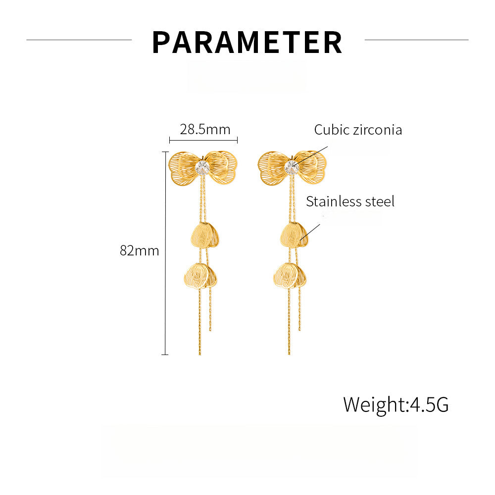 Vintage Luxe Titanium Steel Earrings – Crystal-Embellished Butterfly Dangle Earrings with Tassel