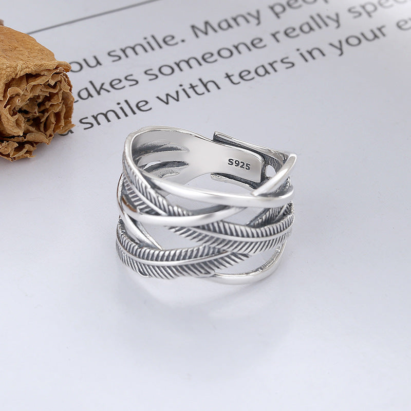S925 Sterling Silver Ring Classic Feather Line Cross Trendy Adjustable