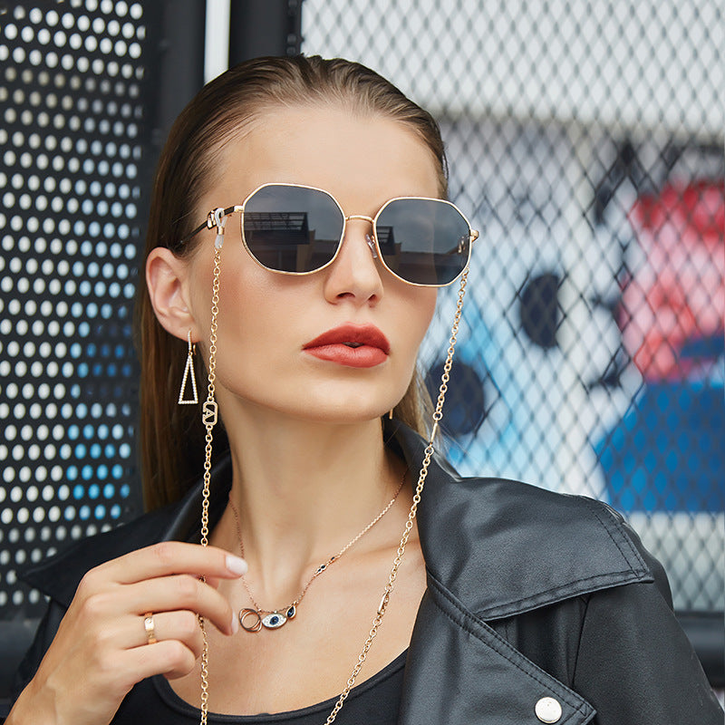 Trendy Internet Celebrity Style Anti-Drop Chain Strap Irregular Polygonal Full Frame Sunglasses