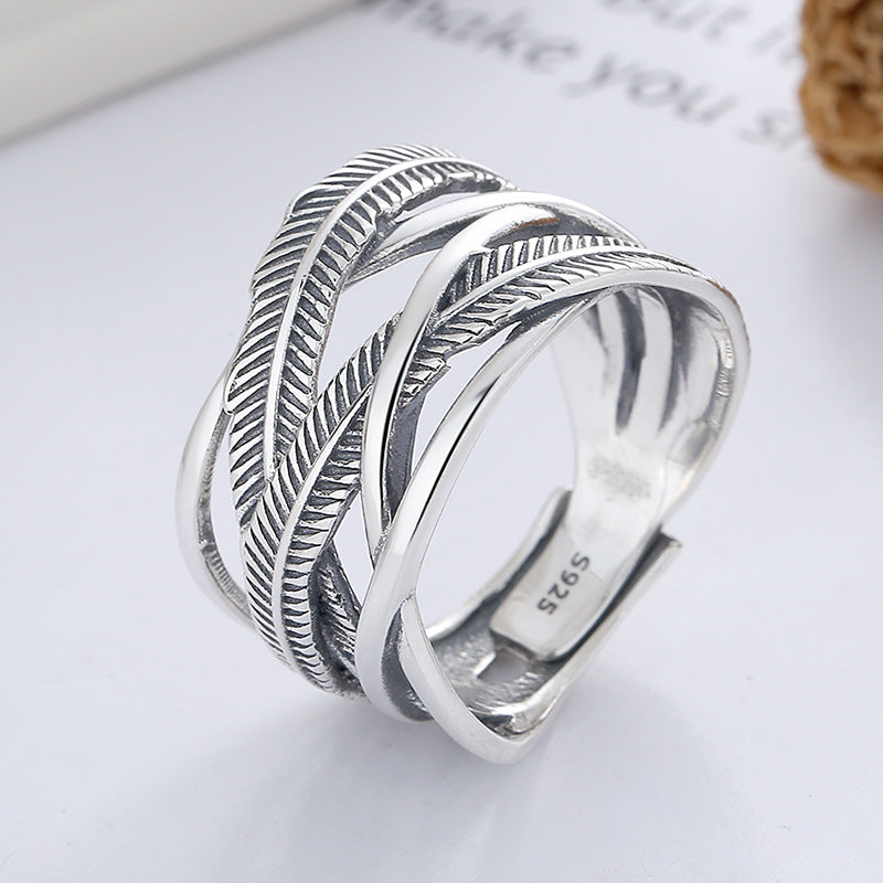 S925 Sterling Silver Ring Classic Feather Line Cross Trendy Adjustable
