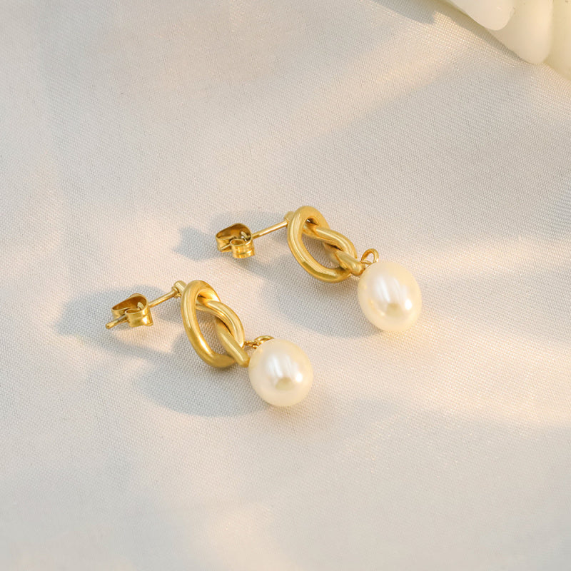 Titanium Steel Chanel Inspired Pearl Pendant Hoops Minimalist Studs for Women