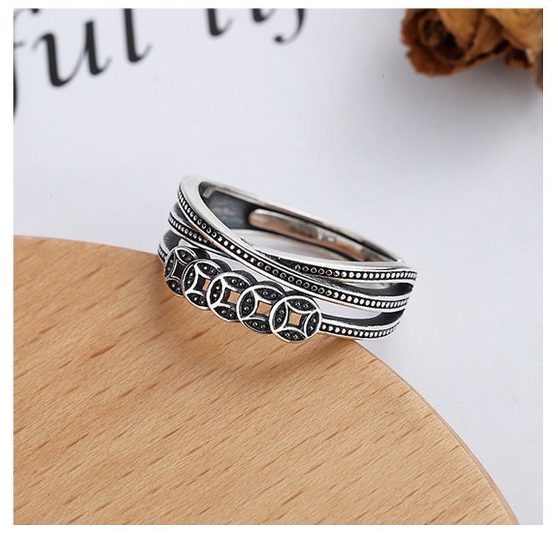 S925 Sterling Silver Ring Copper Coin Pattern Ring Vintage Oxidized Ethnic Style Multi-layer Wrapped