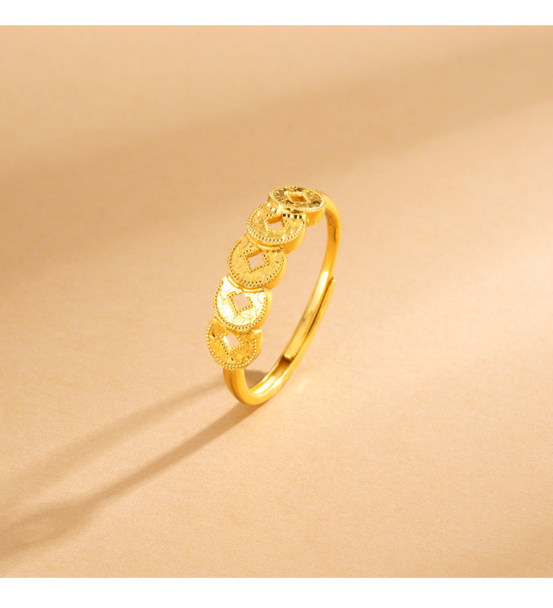 S925 Sterling Silver Ring Money Comes in Abundance Copper Coin Ring New Chinese Style National Trend Crushed Ice Five Emperor Coins Fashion CNC Ring