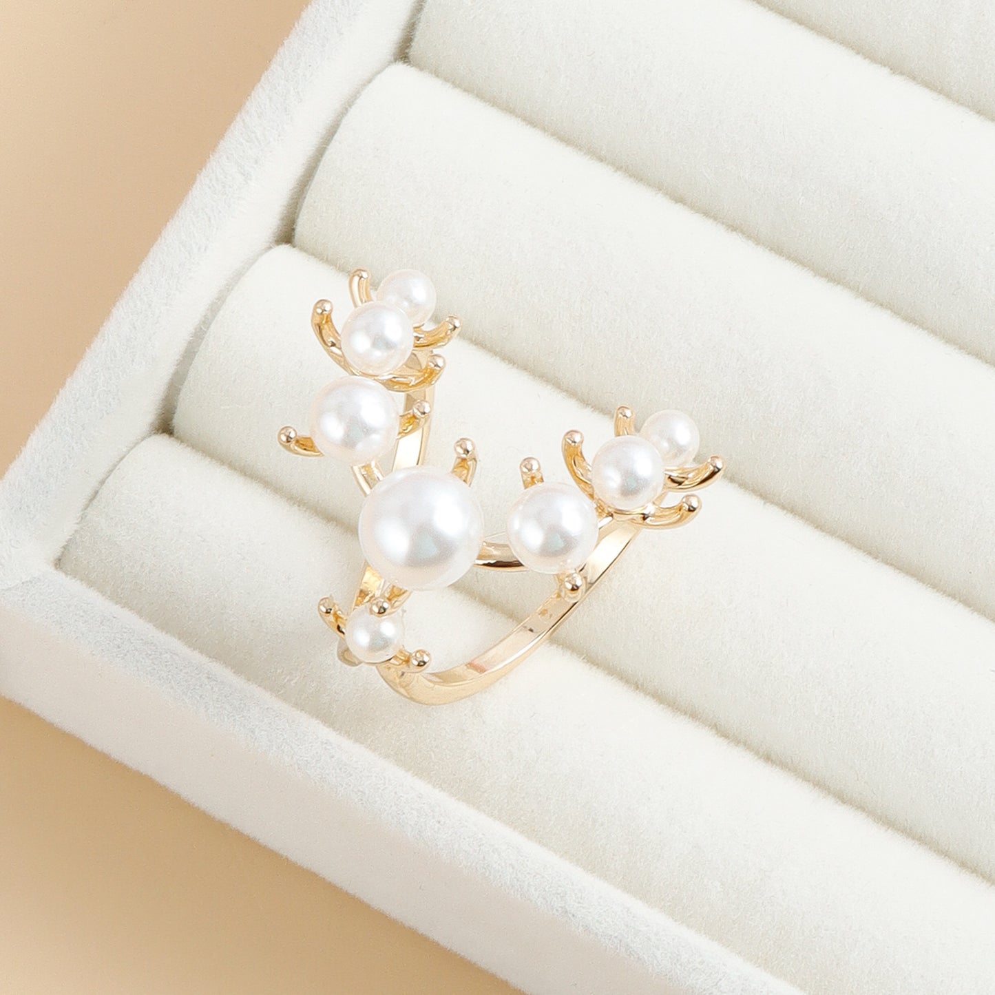 French Style Adjustable Pearl Joint Ring - Dainty Minimalist Openable Ring for Women | Luxury Gold Pearl Jewelry