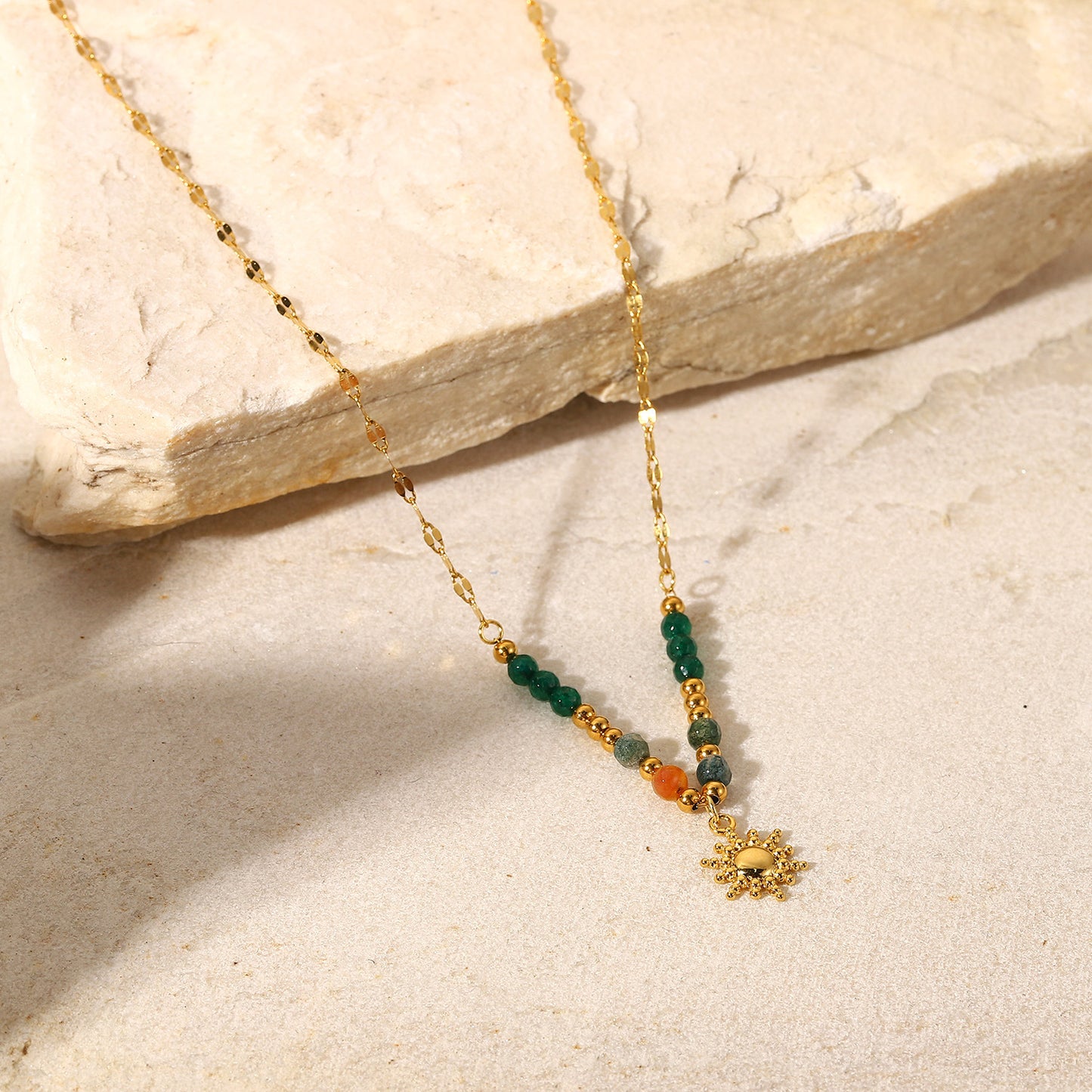 Boho Sun Pendant Stainless Steel Necklace with Natural Stone Vintage French Inspired Jewelry