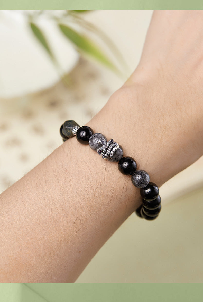 S925 Sterling Silver Black Obsidian & Tourmalinated Quartz Snake Year Bracelet | Yin Yang Protection Jewelry | Zen Buddhist Style Gift for Him