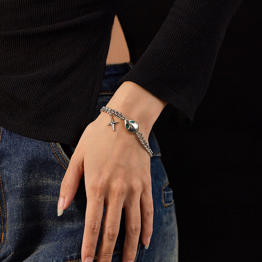 Hip Hop Cuban Chain Bracelet - Trendy Alien Pendant Stainless Steel Unisex Jewelry | Vintage Retro Adjustable Hand Chain