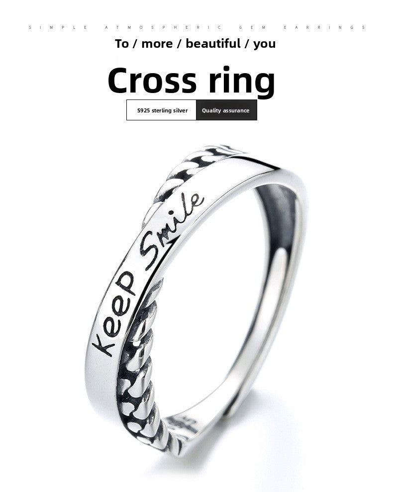 Keep Smile Words Print Cross-over S925 Sterling Silver Ring Fashion Personality INS Style