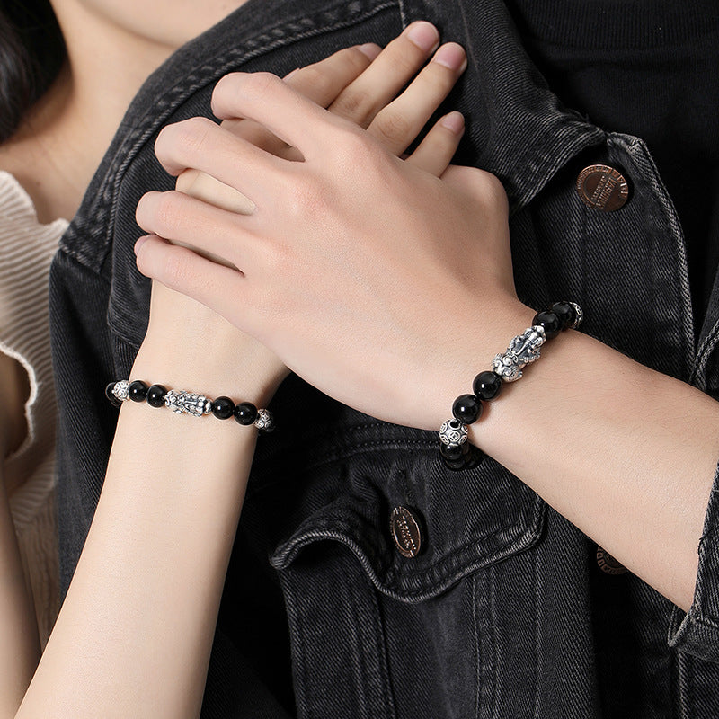 Pure Silver999Vintage Men's Accessories3D Hard Pixiu Bracelet Obsidian Bead Bracelet for Women520Valentine's Day gift for girlfriend