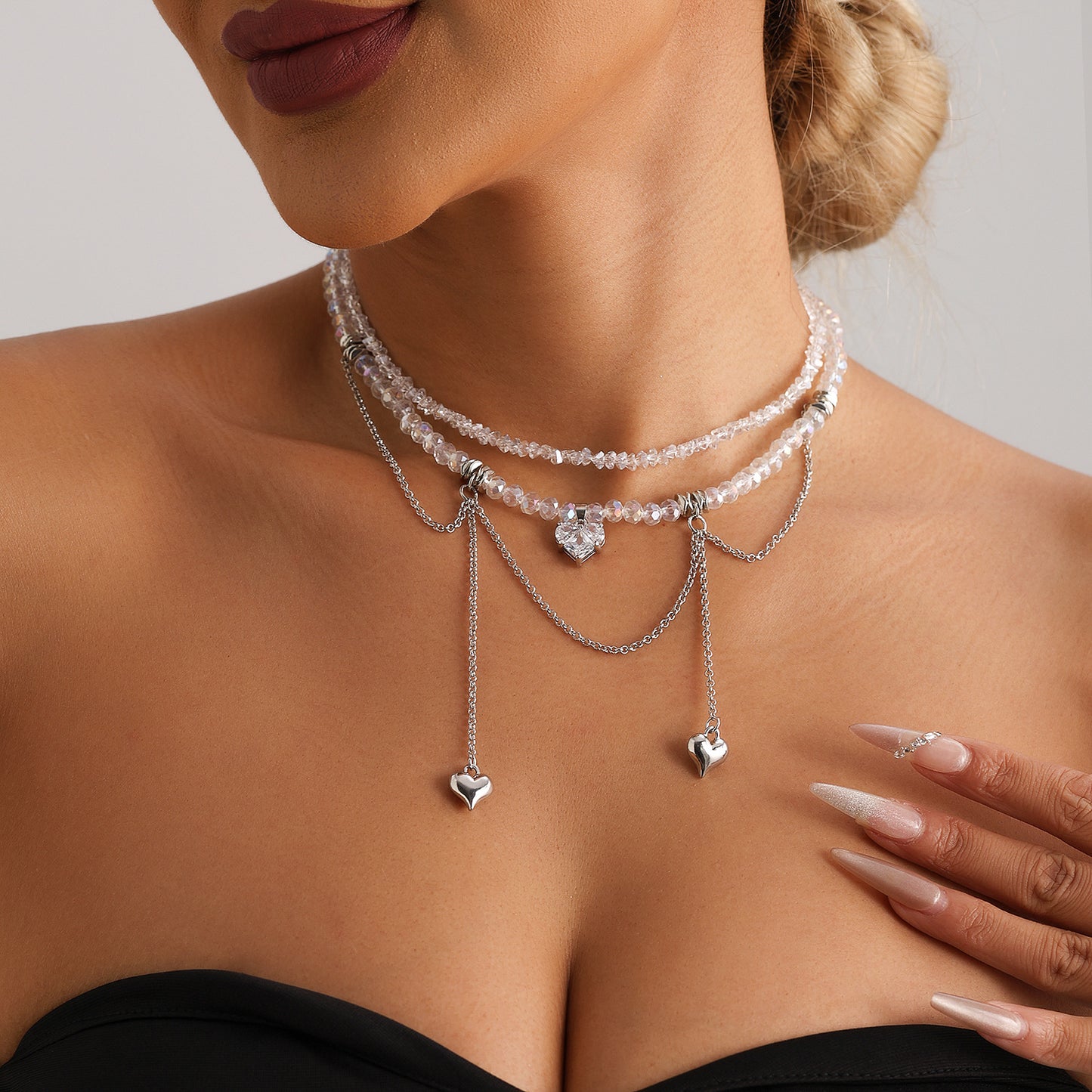 Double Chain Love Pendant Necklace - Cubic Zirconia Fringe Collarbone Choker | Ins Luxe Crystal Jewelry for Women