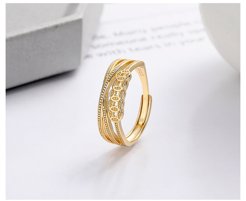 S925 Sterling Silver Ring Copper Coin Pattern Ring Vintage Oxidized Ethnic Style Multi-layer Wrapped