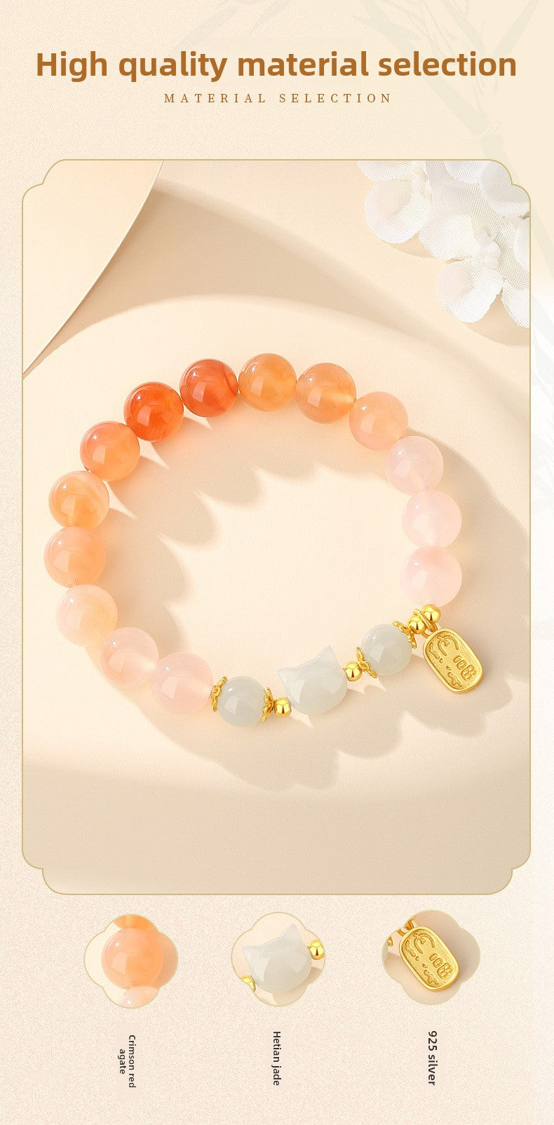 Red Agate & Hetian Jade Cat Bracelet - 925 Sterling Silver Chinese Style Jewelry | Unique Valentine's Gift for Women