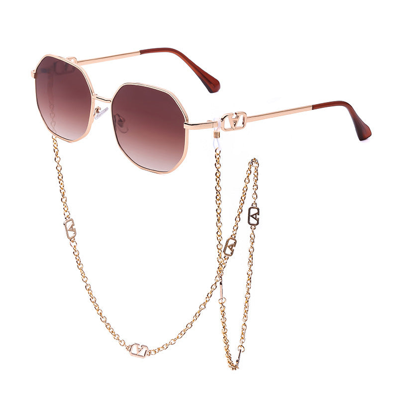 Trendy Internet Celebrity Style Anti-Drop Chain Strap Irregular Polygonal Full Frame Sunglasses