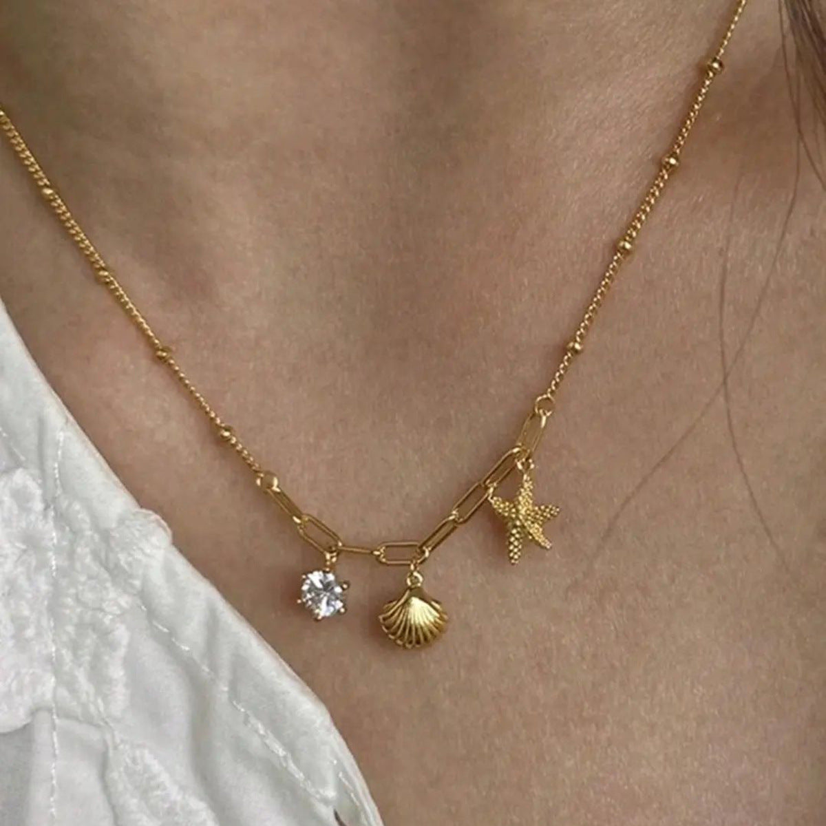 Dainty Stainless Steel Necklace with Starfish Zircon Pendant