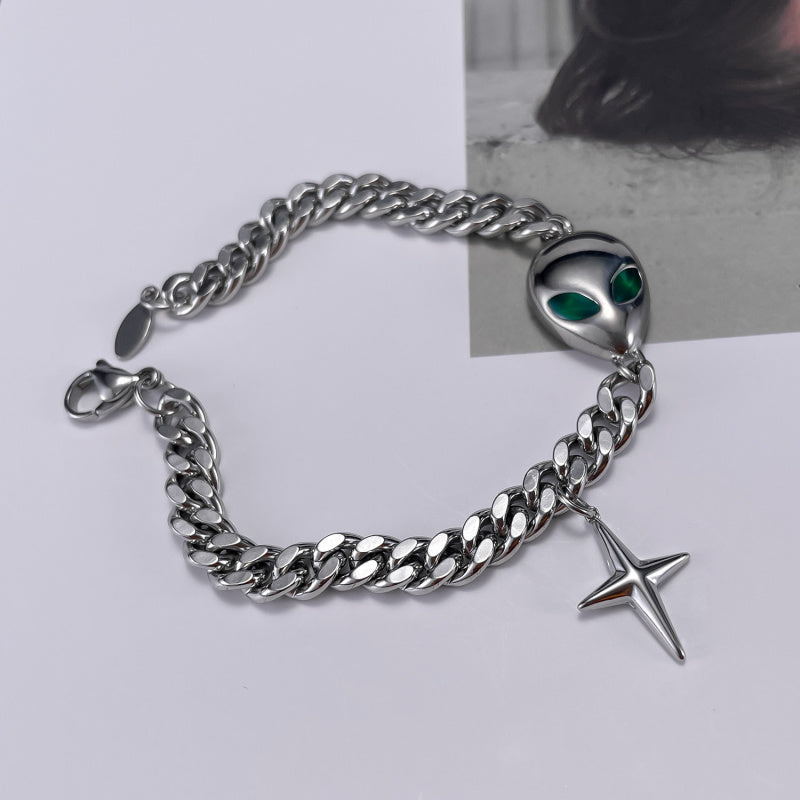Hip Hop Cuban Chain Bracelet - Trendy Alien Pendant Stainless Steel Unisex Jewelry | Vintage Retro Adjustable Hand Chain