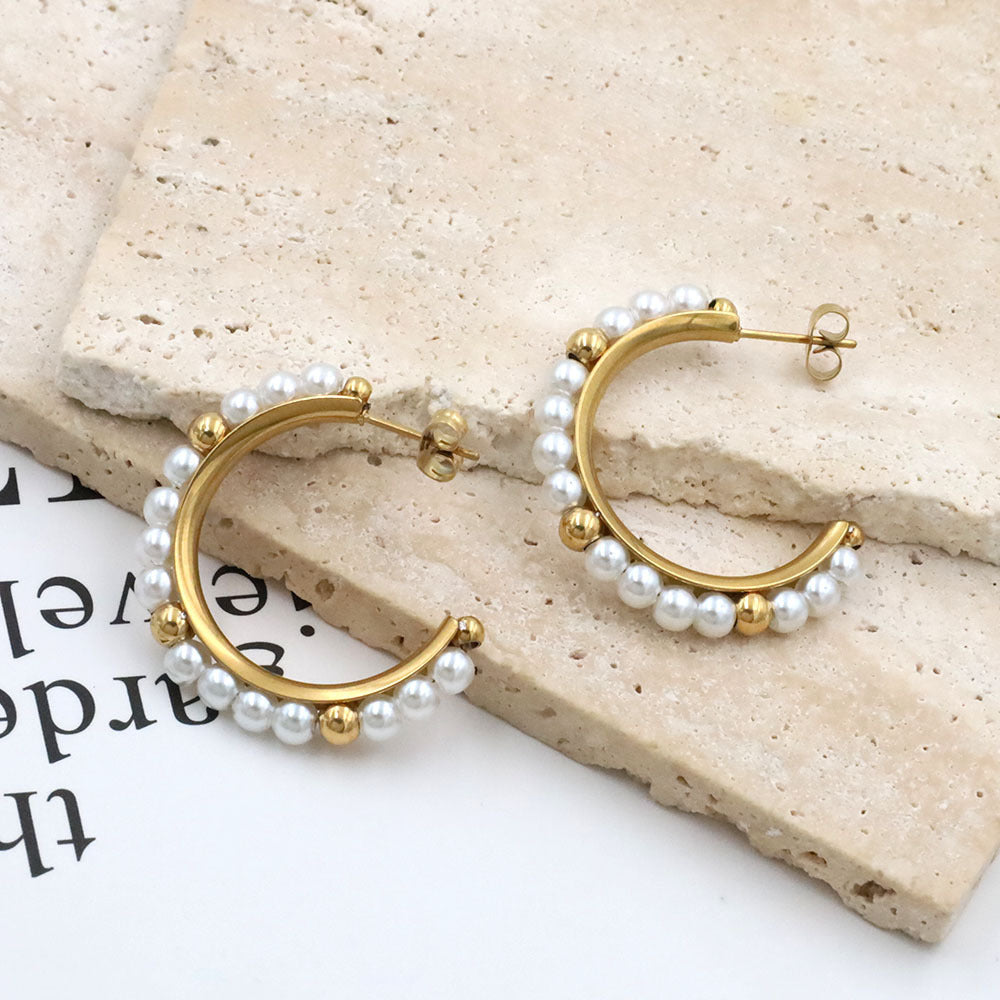 French Luxury Pearl Hoop Earrings - 18K Gold Plated Titanium Steel C-Shape Earrings