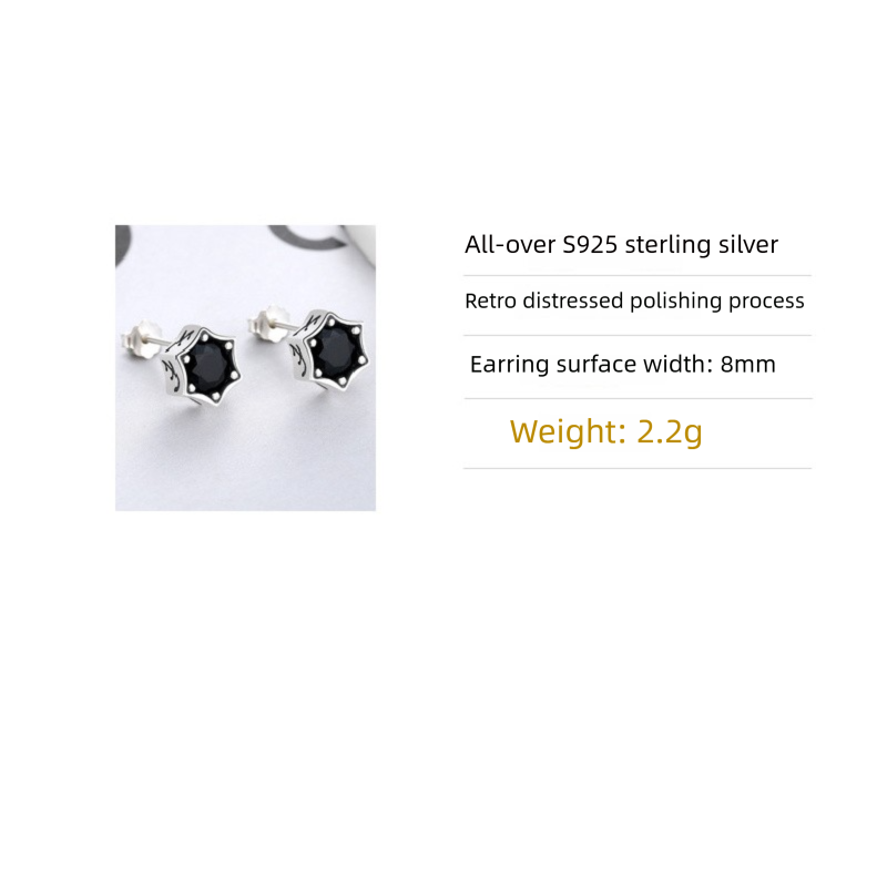 S925 Silver Stud Earrings Vintage Personality Black Diamond Hexagram Stud Earrings