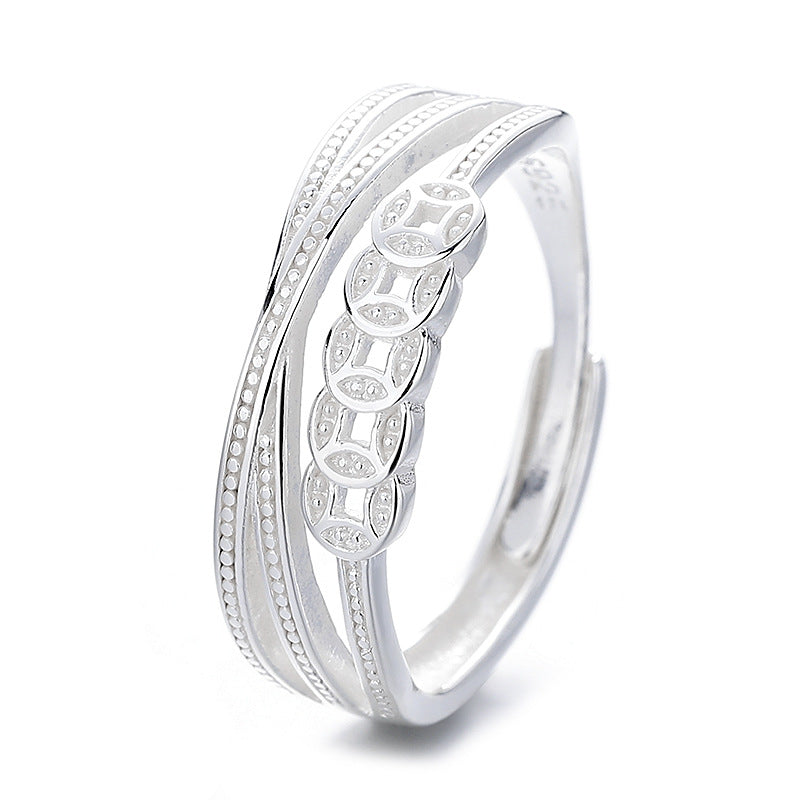 S925 Sterling Silver Ring Copper Coin Pattern Ring Vintage Oxidized Ethnic Style Multi-layer Wrapped