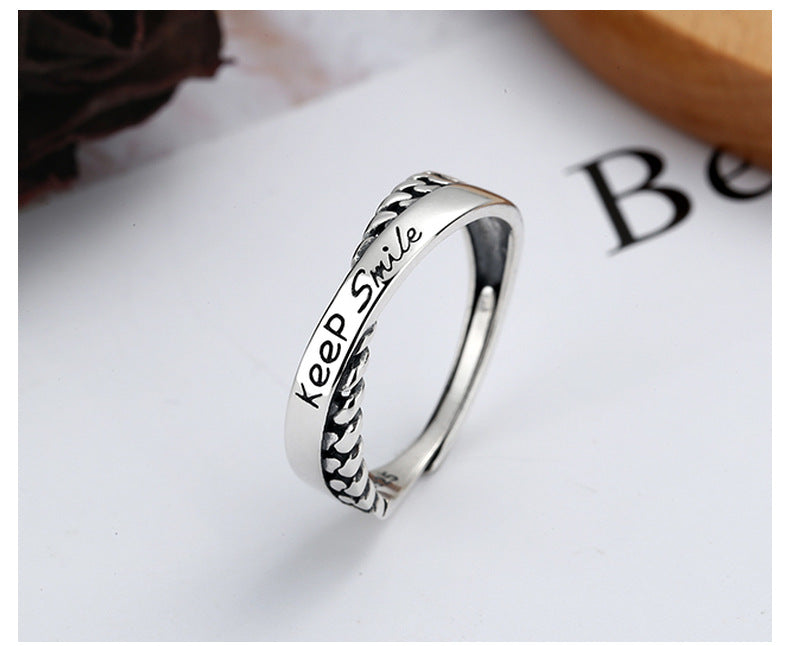Keep Smile Words Print Cross-over S925 Sterling Silver Ring Fashion Personality INS Style