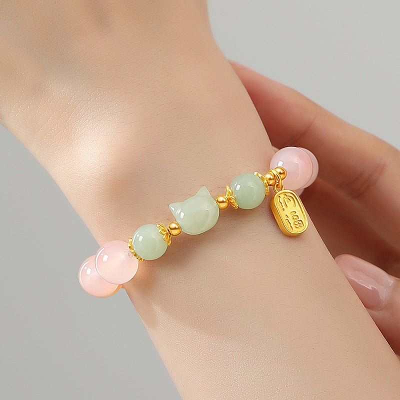 Red Agate & Hetian Jade Cat Bracelet - 925 Sterling Silver Chinese Style Jewelry | Unique Valentine's Gift for Women