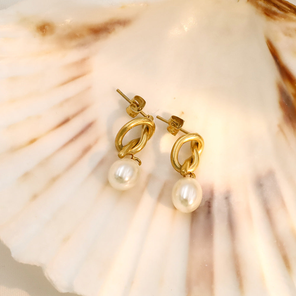 Titanium Steel Chanel Inspired Pearl Pendant Hoops Minimalist Studs for Women