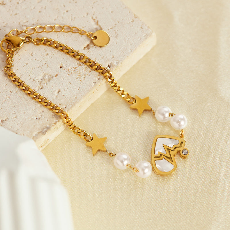 Minimalist Star Pearl Bracelet for Women - Titanium Steel Bracelet Shell Heart Pendant