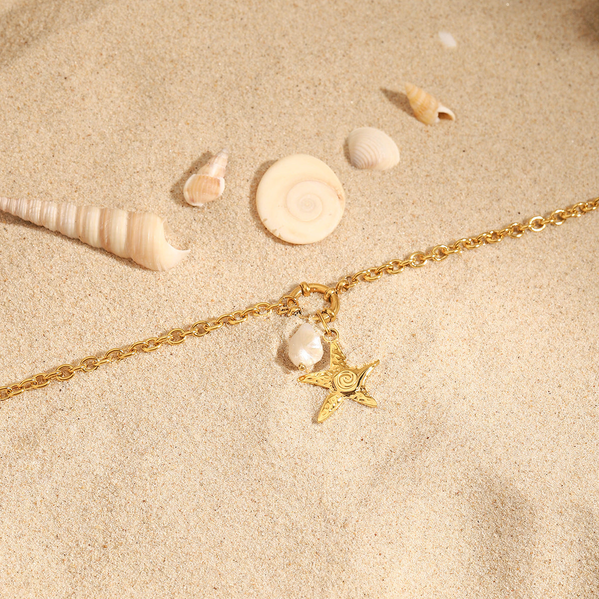 Vacation Style Necklace with Pearl Ocean Wave Pendant Hammered Starfish