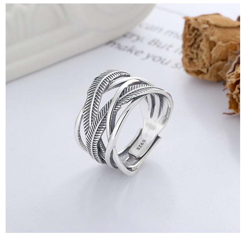 S925 Sterling Silver Ring Classic Feather Line Cross Trendy Adjustable