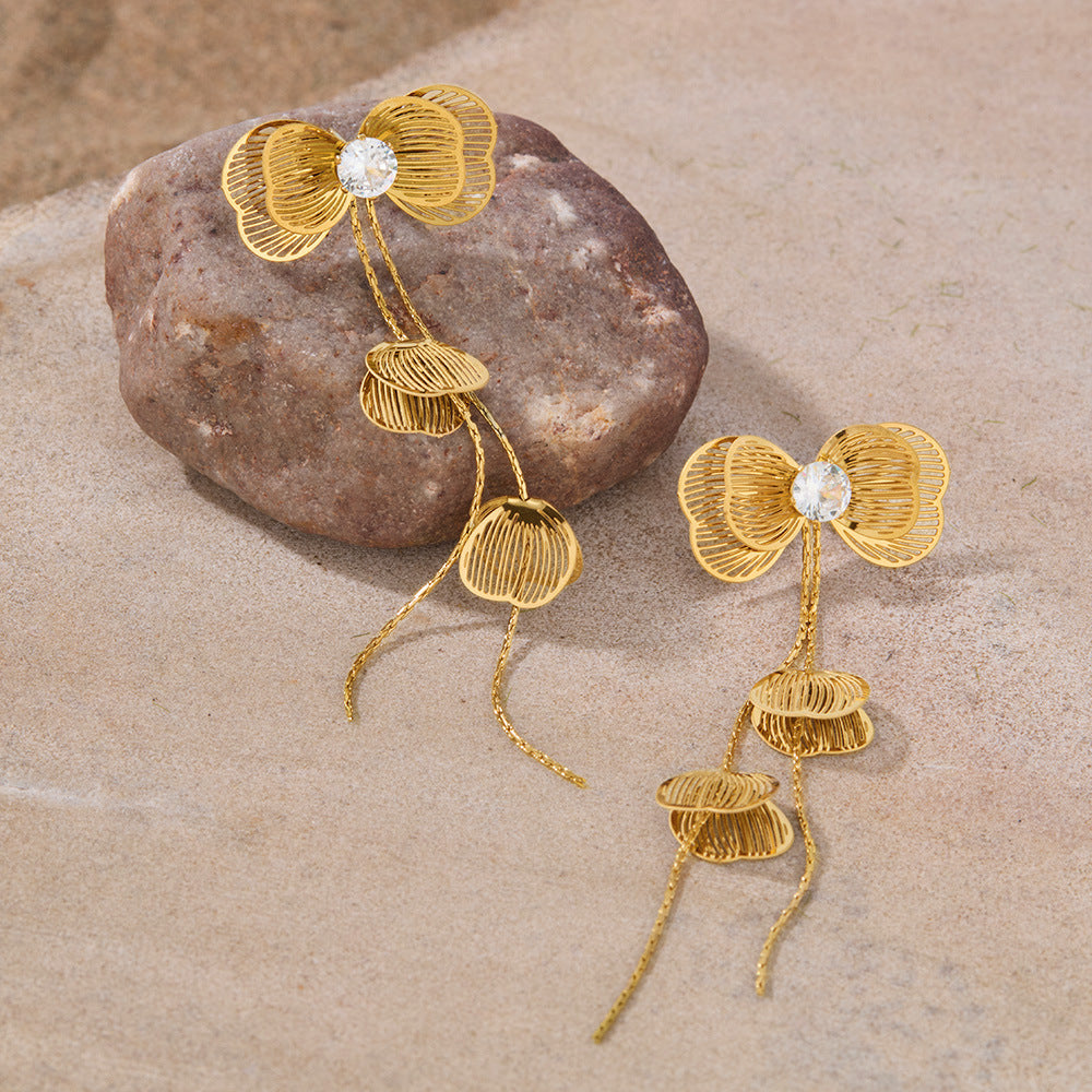 Vintage Luxe Titanium Steel Earrings – Crystal-Embellished Butterfly Dangle Earrings with Tassel