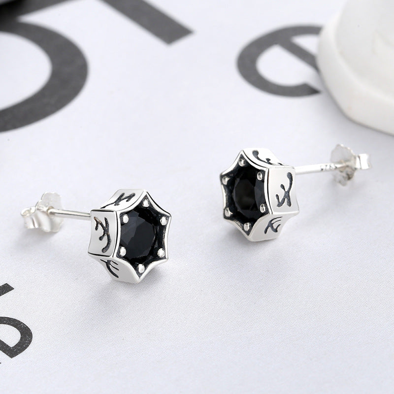 S925 Silver Stud Earrings Vintage Personality Black Diamond Hexagram Stud Earrings