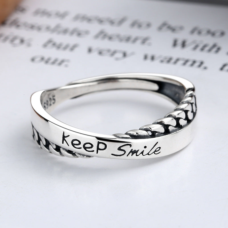 Keep Smile Words Print Cross-over S925 Sterling Silver Ring Fashion Personality INS Style