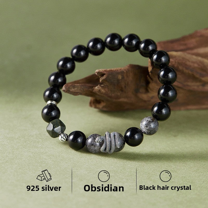 S925 Sterling Silver Black Obsidian & Tourmalinated Quartz Snake Year Bracelet | Yin Yang Protection Jewelry | Zen Buddhist Style Gift for Him