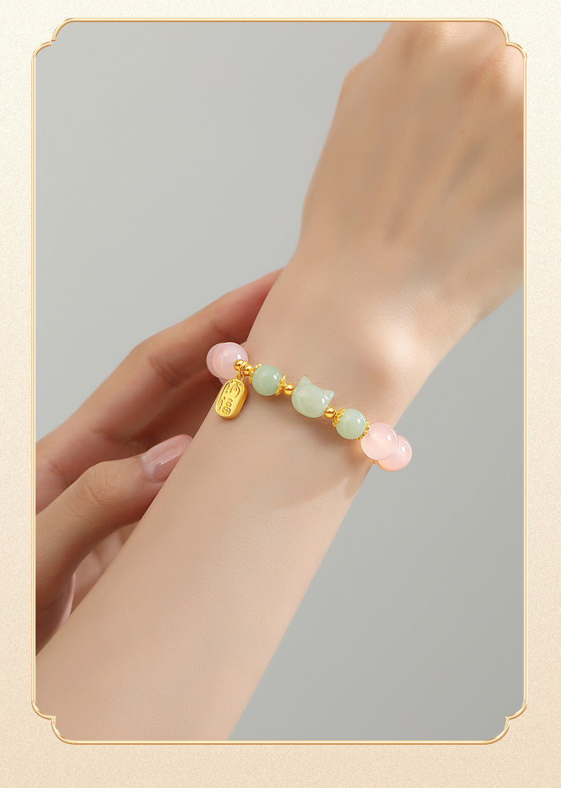 Red Agate & Hetian Jade Cat Bracelet - 925 Sterling Silver Chinese Style Jewelry | Unique Valentine's Gift for Women