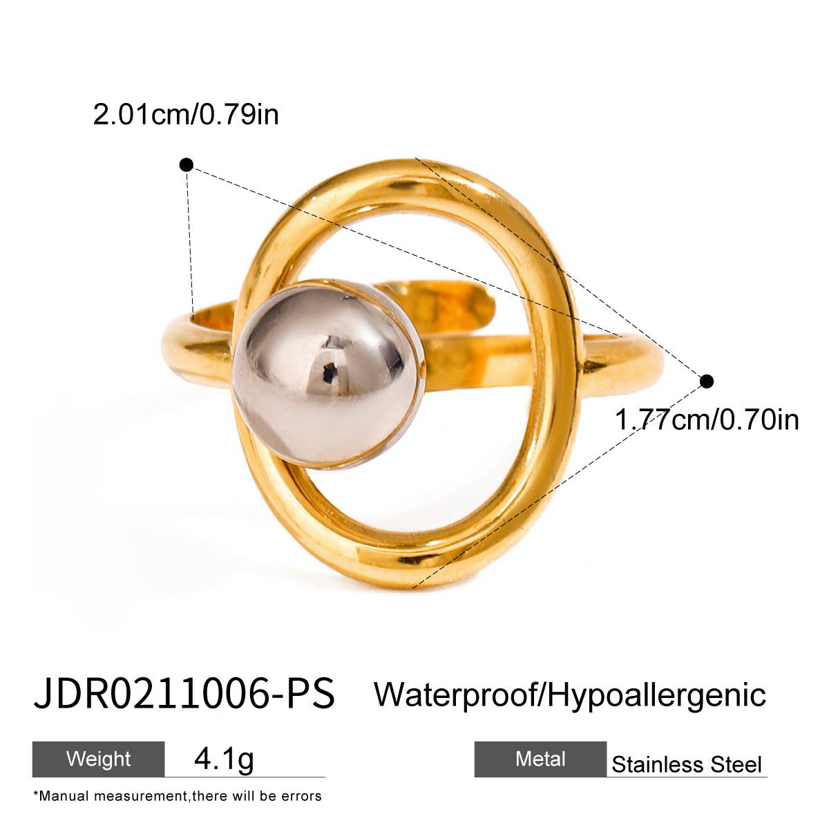 Modern Two-Tone Beaded Ring - Adjustable Open Band Titanium Steel Ring