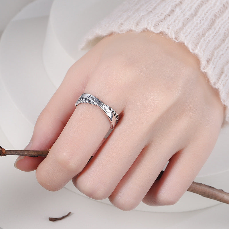 Keep Smile Words Print Cross-over S925 Sterling Silver Ring Fashion Personality INS Style