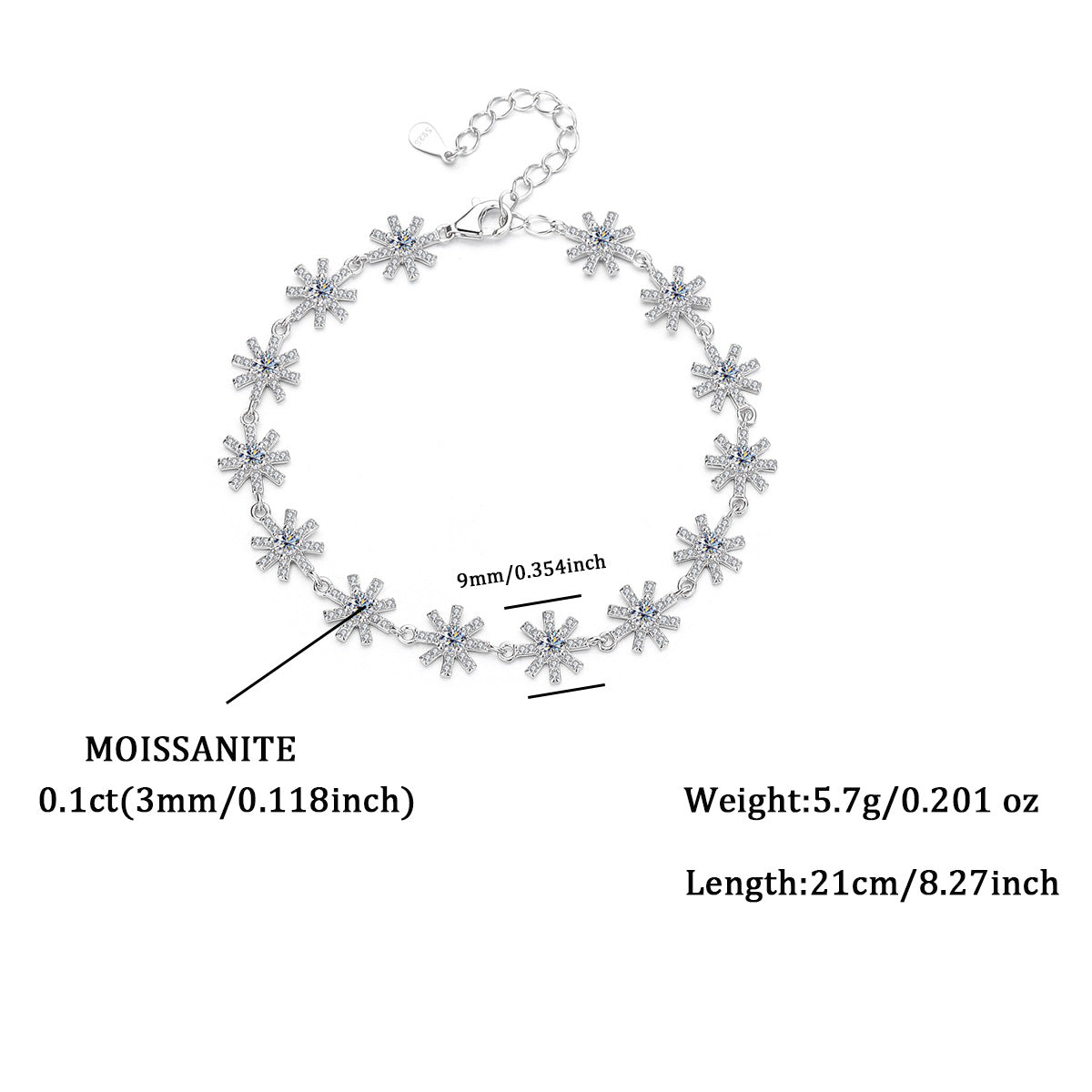 S925 Sterling Silver Bracelet with Sparkling Moissanite Cross and Snowflake Design