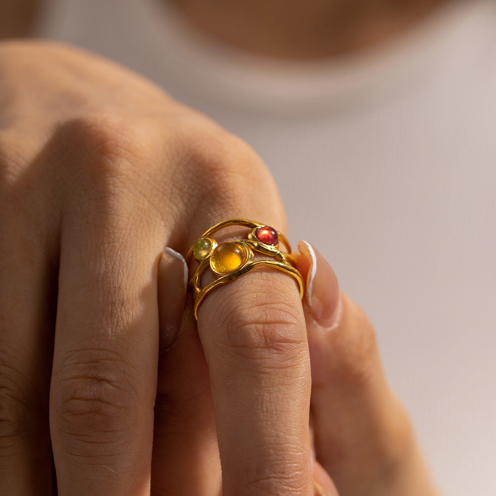 Baroque Open Band with Colorful Gemstones, Palace Style Titanium Steel Ring