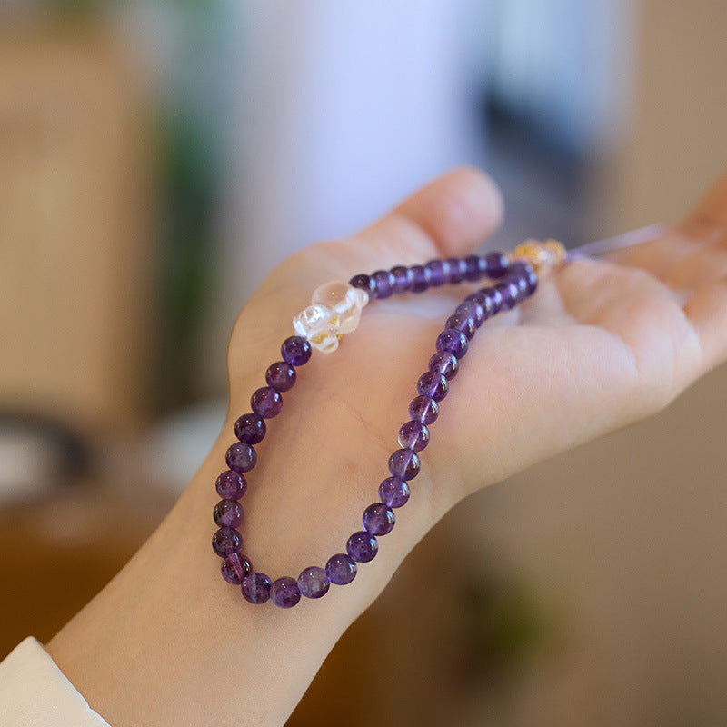 Natural Amethyst Phone Lanyard with Bear Charm – Short Keychain