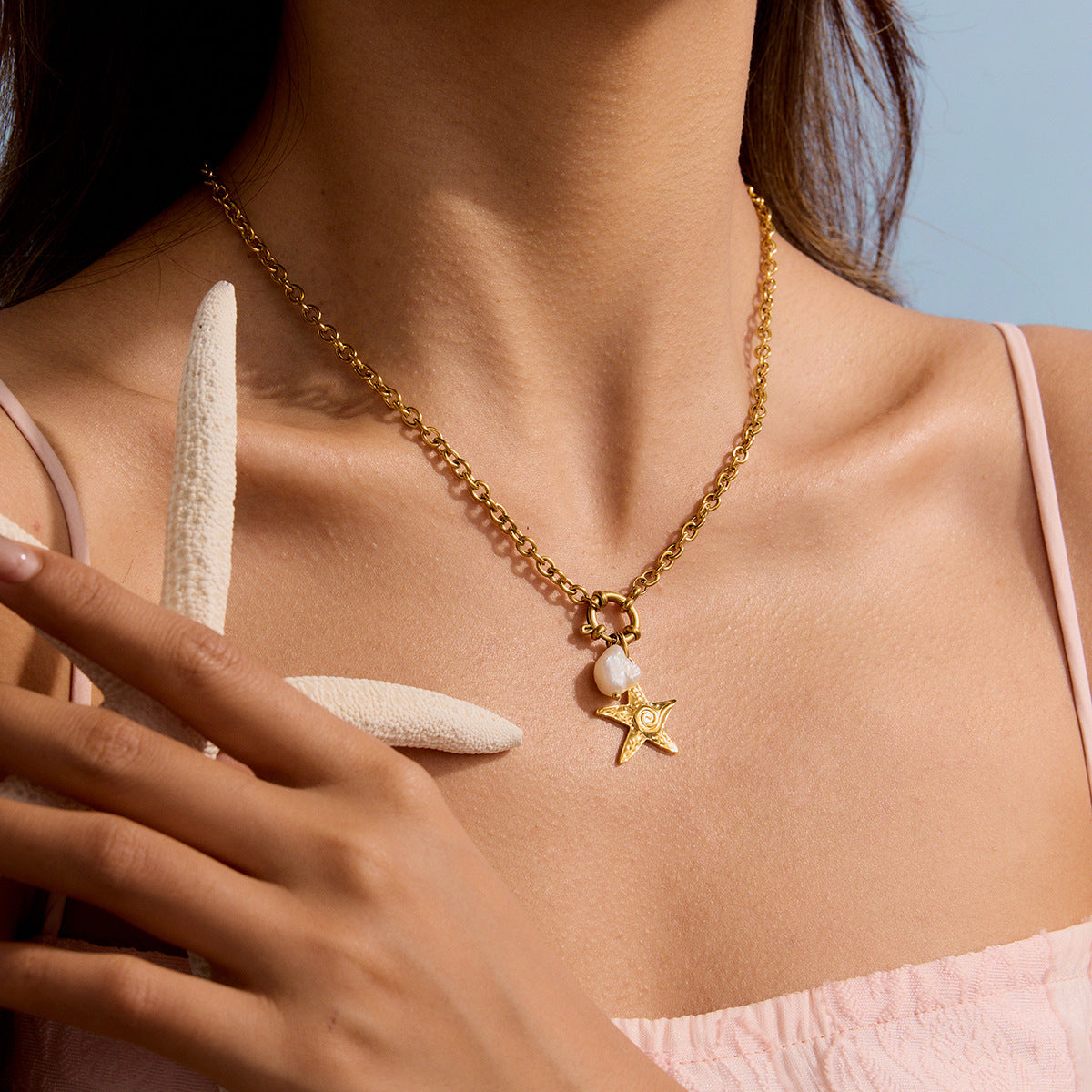 Vacation Style Necklace with Pearl Ocean Wave Pendant Hammered Starfish